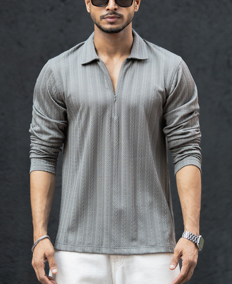 Grey Structured Regular Fit Full Sleeves T-Shirt