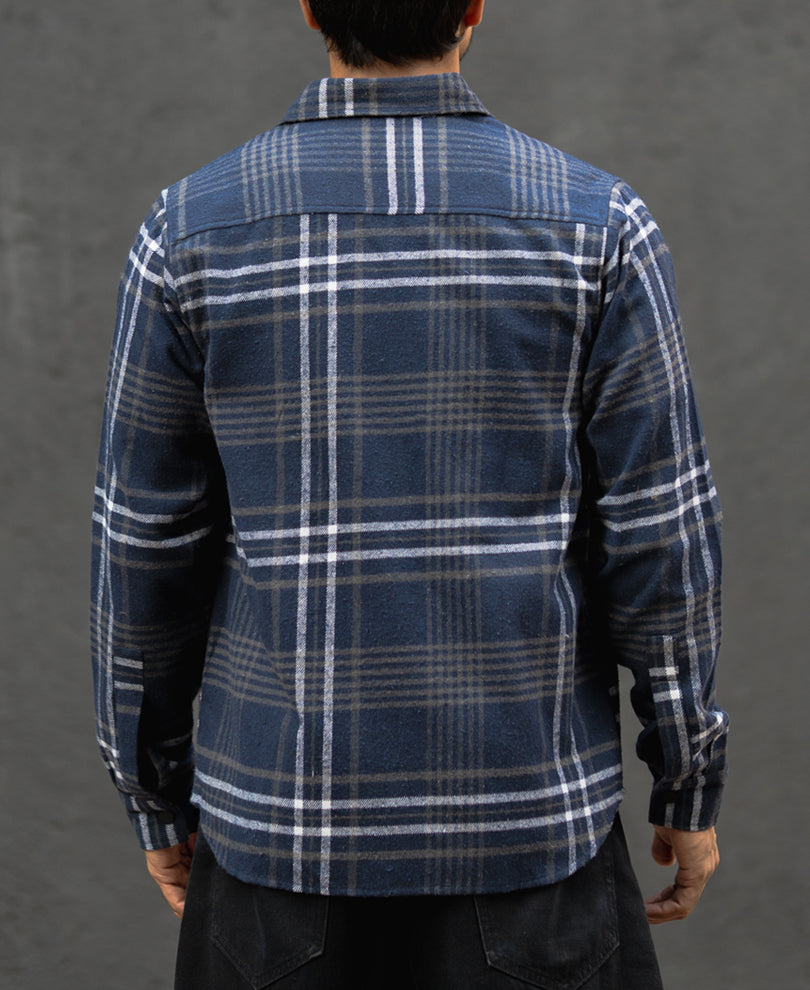 Navy Checked Regular Fit Full Sleeves Shirt With Double Pocket