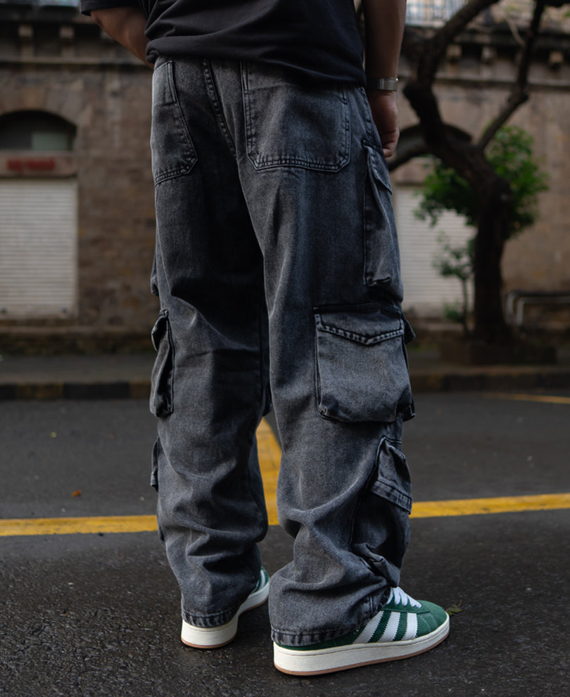 Carbon Black Baggy Fit Cargo Pockets Denim Jeans