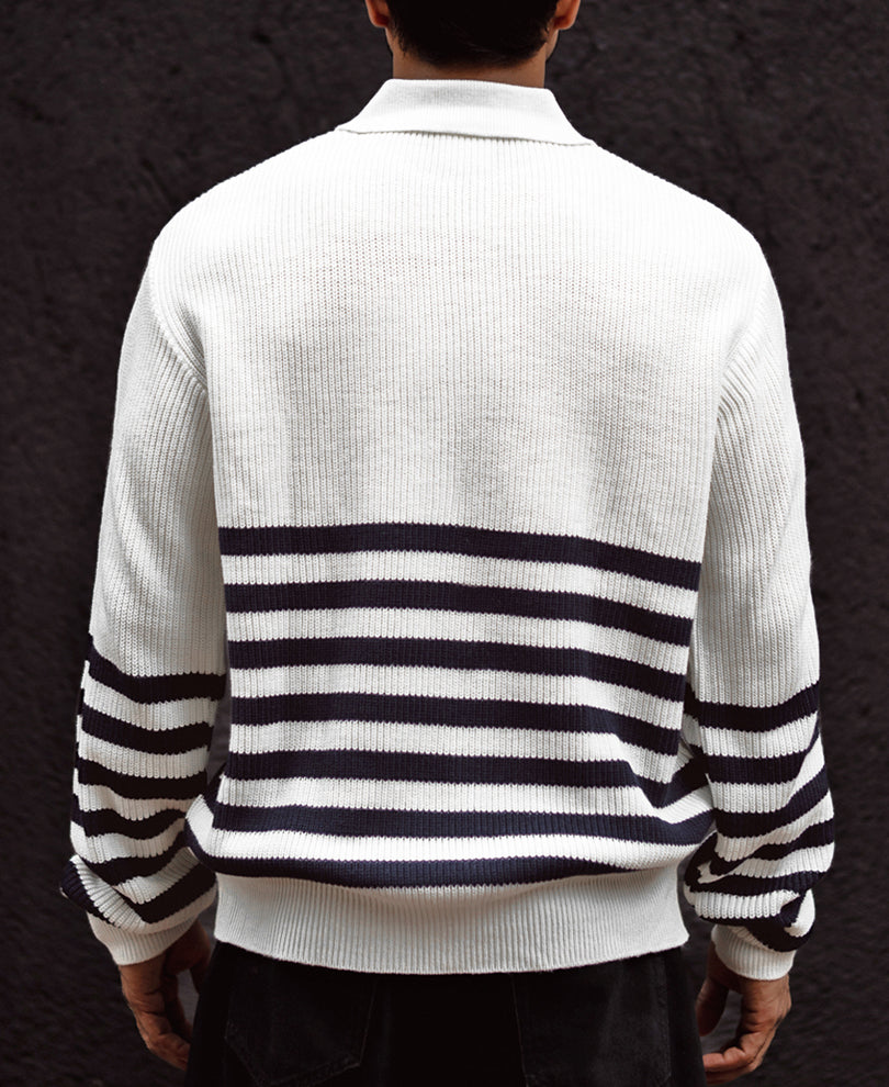 Off-White And Blue Regular Fit Full Sleeves Zip Sweatshirt