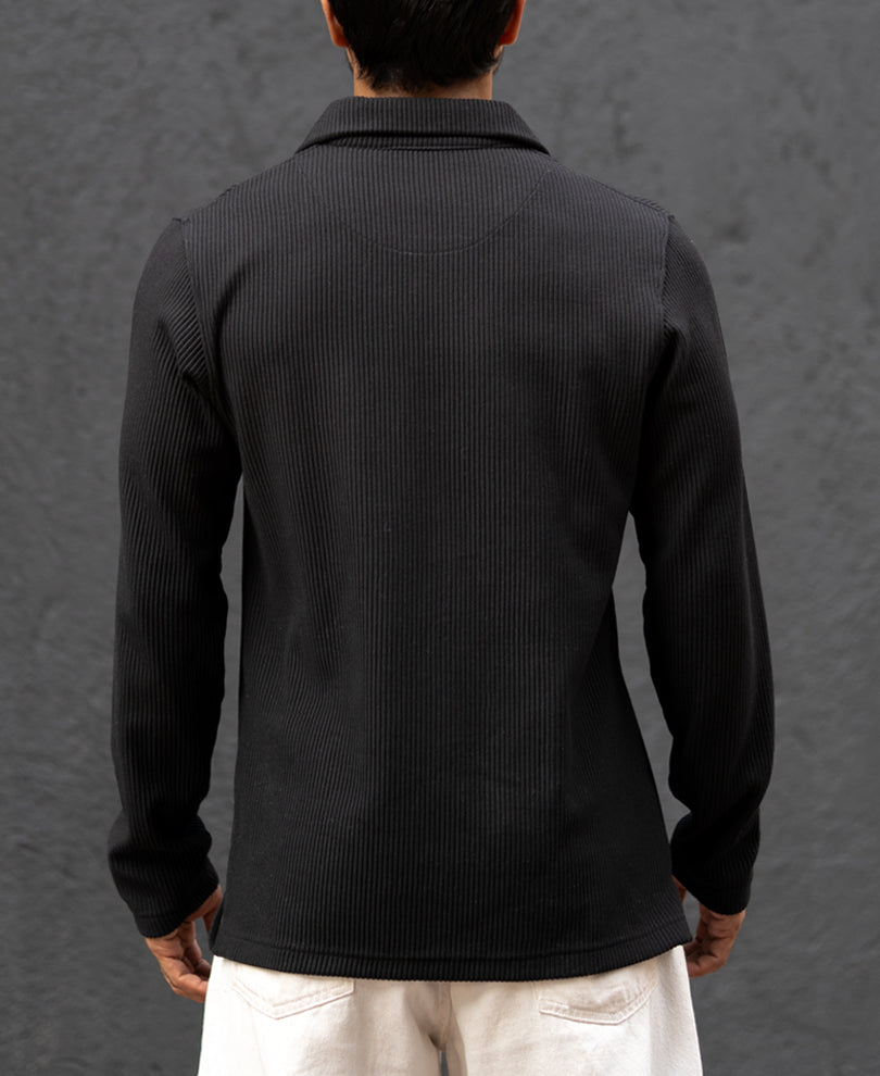 Black Structured Full Sleeves Regular Fit T-Shirt