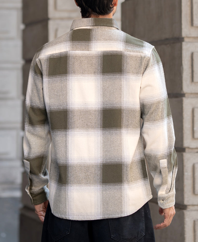 Olive And Off-White Regular Fit Full Sleeves Shirt