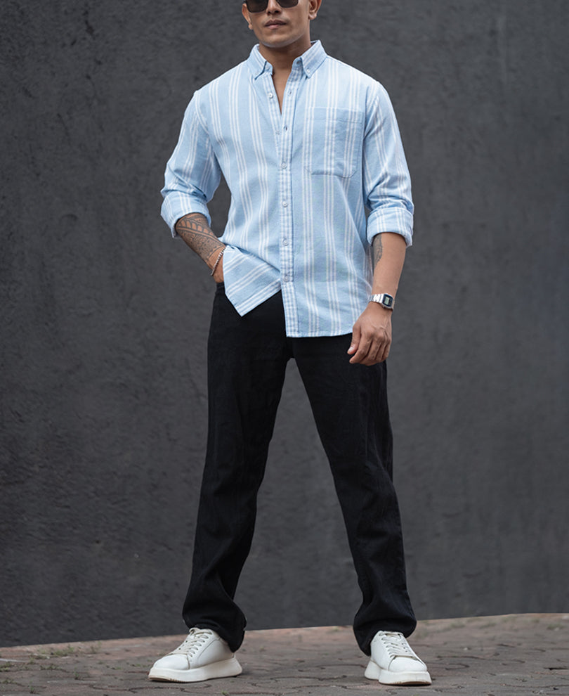 Sky Blue Stripes Regular Fit Full Sleeves Shirt