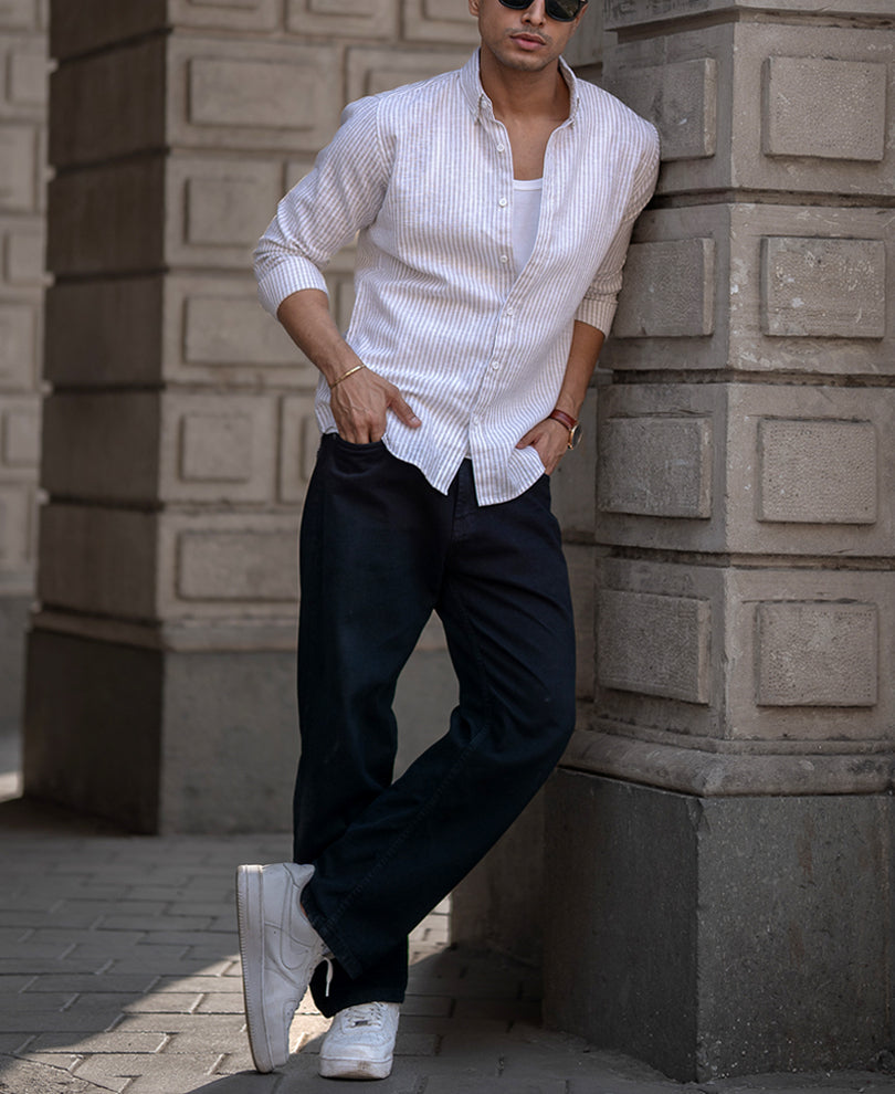 Beige Striped Regular Fit Full Sleeves Shirt