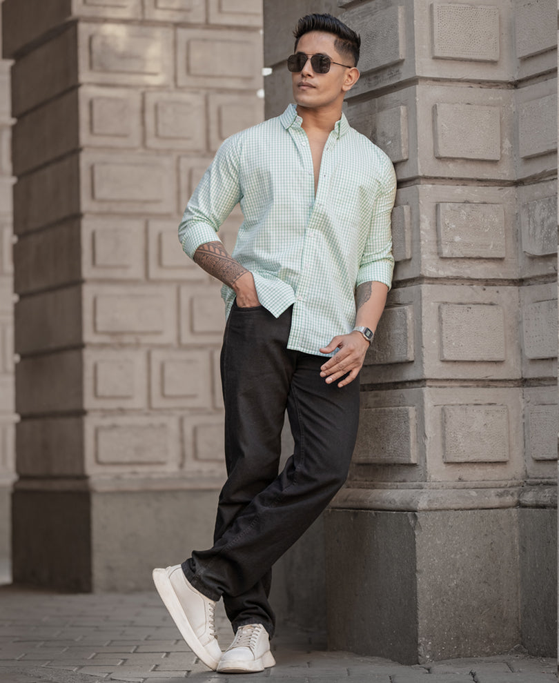 Green Small Checked Regular Fit Full Sleeves Shirt