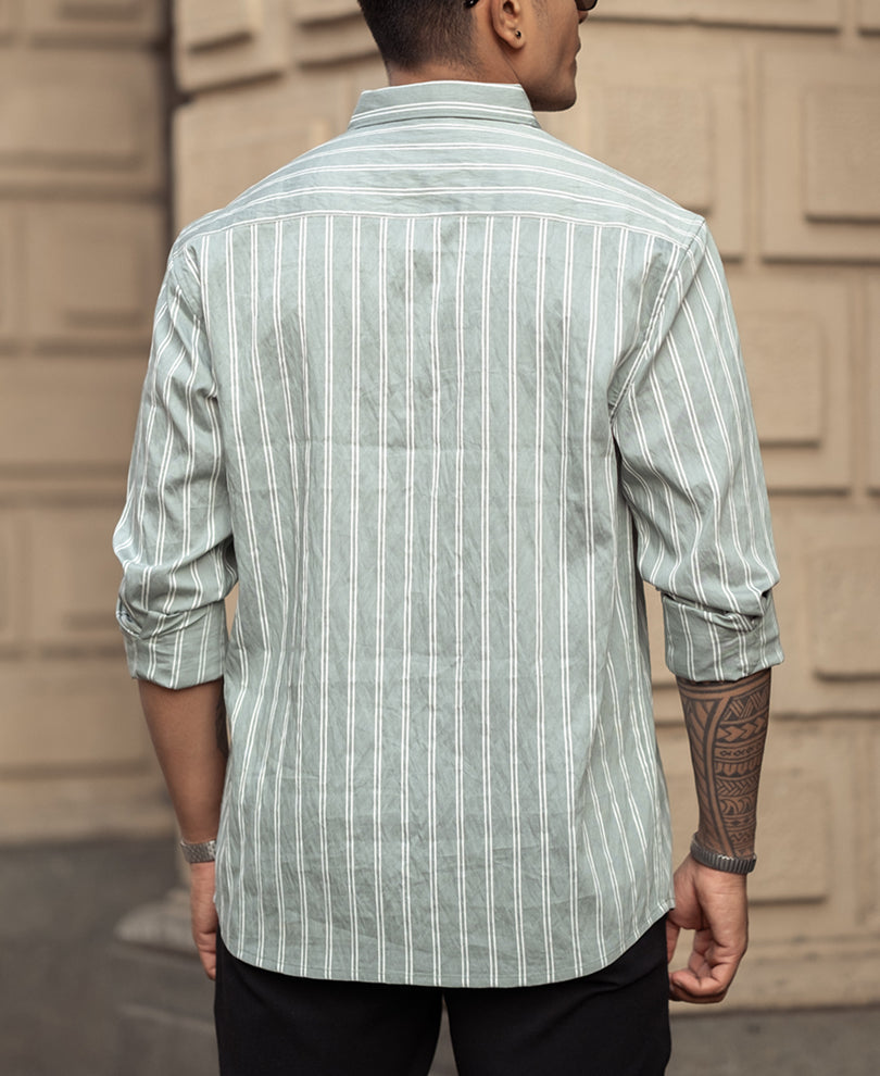 Green Stripes Regular Fit Full Sleeves Shirt