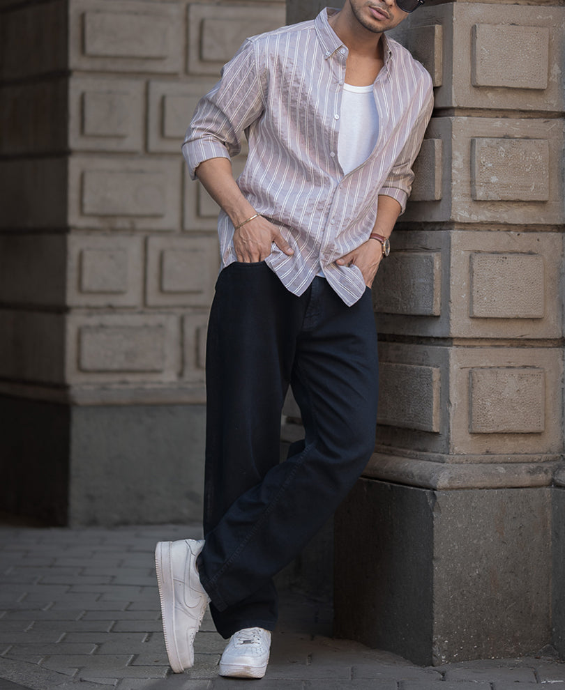Beige Stripes Regular Fit Full Sleeves Shirt