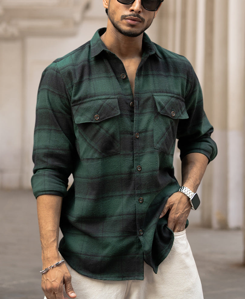Green Checks Regular Fit Full Sleeves Shirt