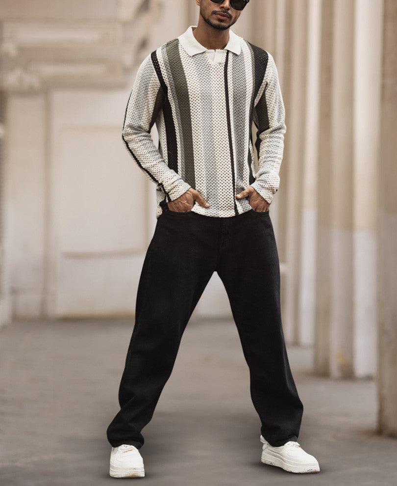 Multi Colour Structured Regular Fit Full Sleeves T-Shirt