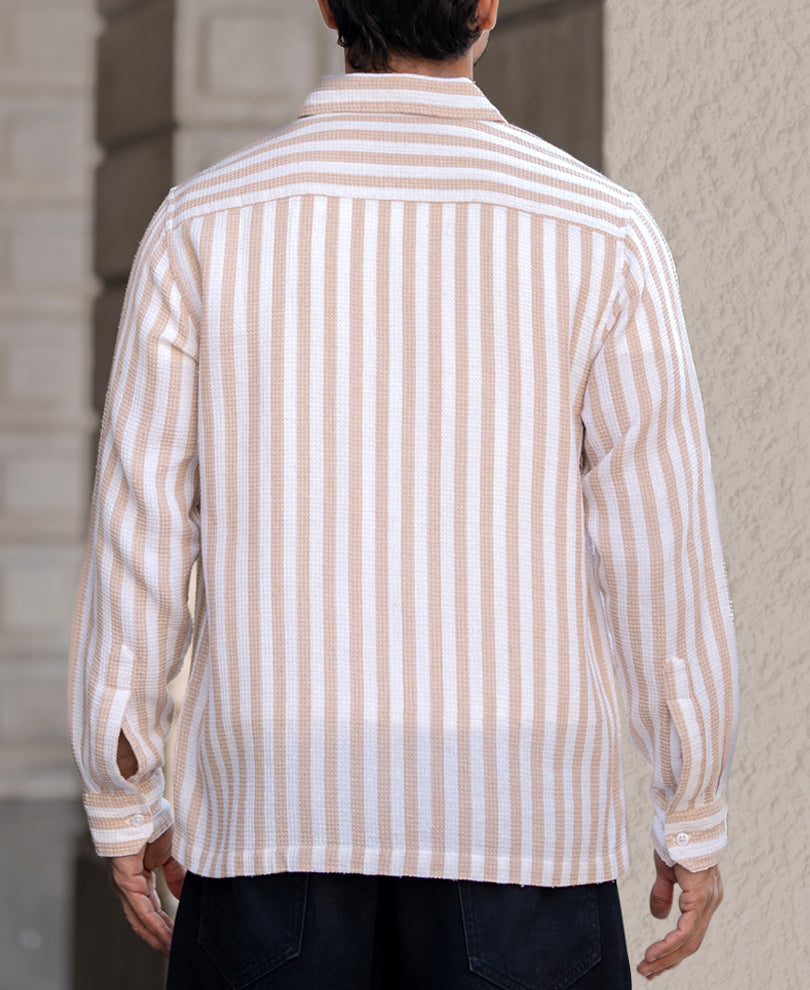 White And Beige Striped Regular Fit Full Sleeves Shirt