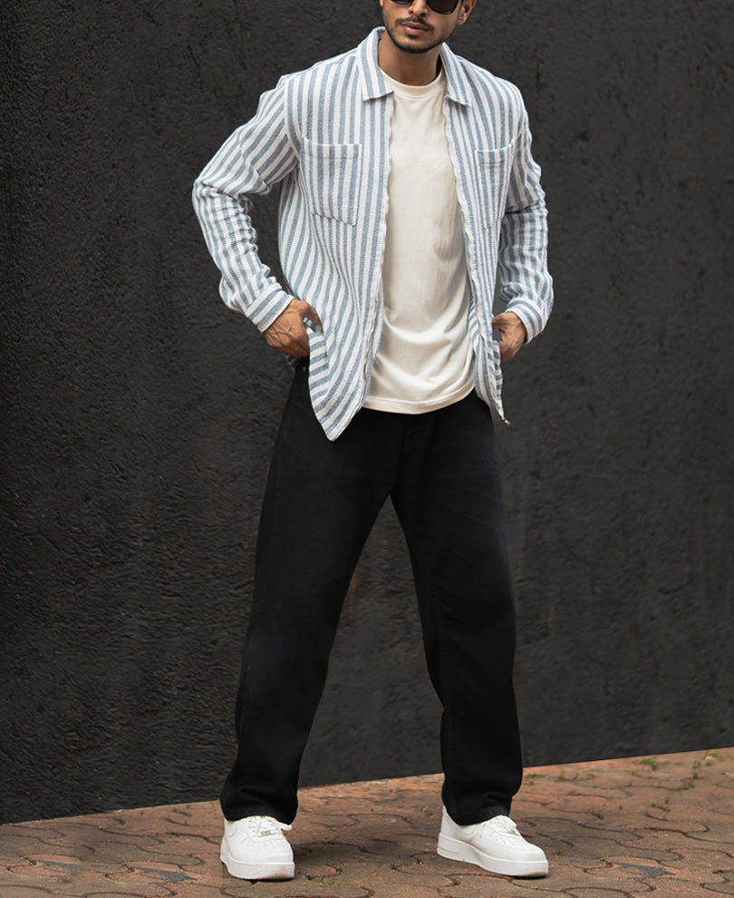 Blue And White Stripes Regular Fit Full Sleeves Shirt With Zip