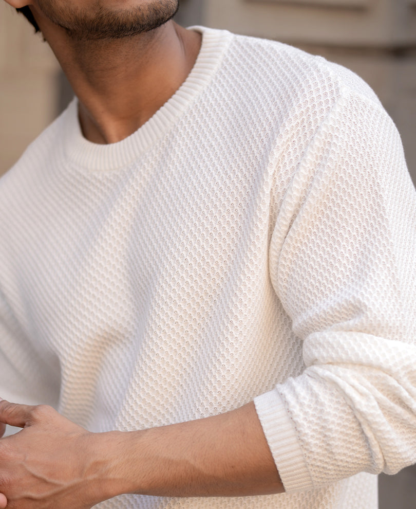White Structured Full Sleeves Regular Fit T-Shirt