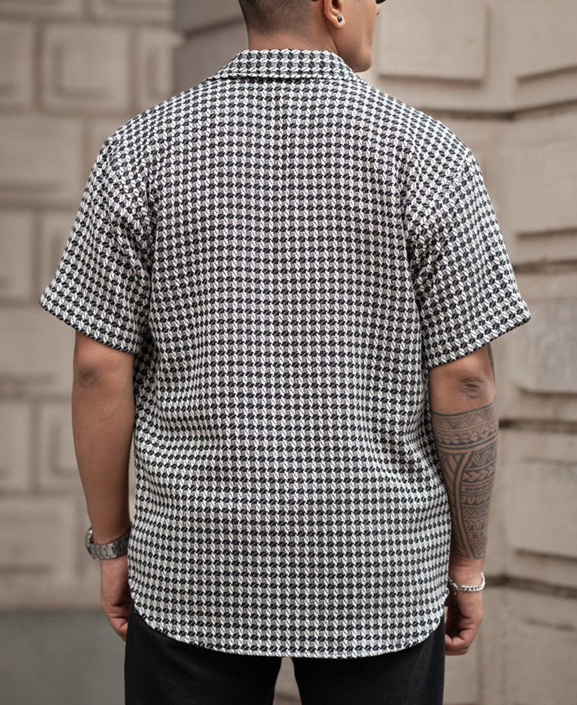 Black And White Structured Regular Fit Half Sleeves Shirt
