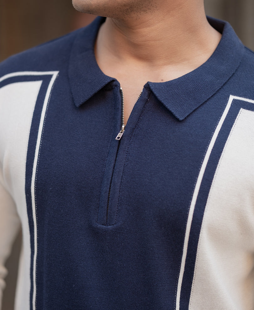 Navy-White Colour Blocked Polo T-Shirt