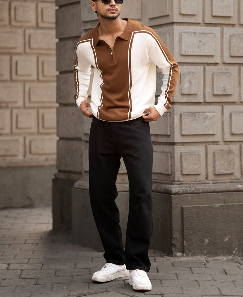 Brown-White Colour Blocked Polo T-Shirt