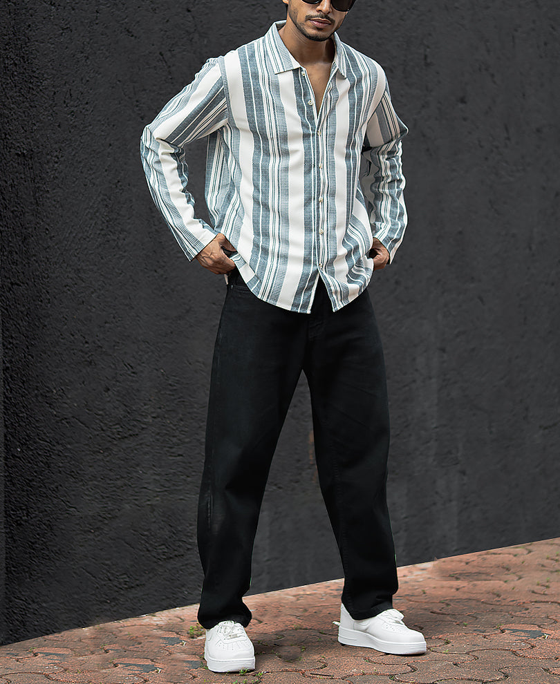 Off White And Blue Striped Regular Fit Full Sleeves Shirt