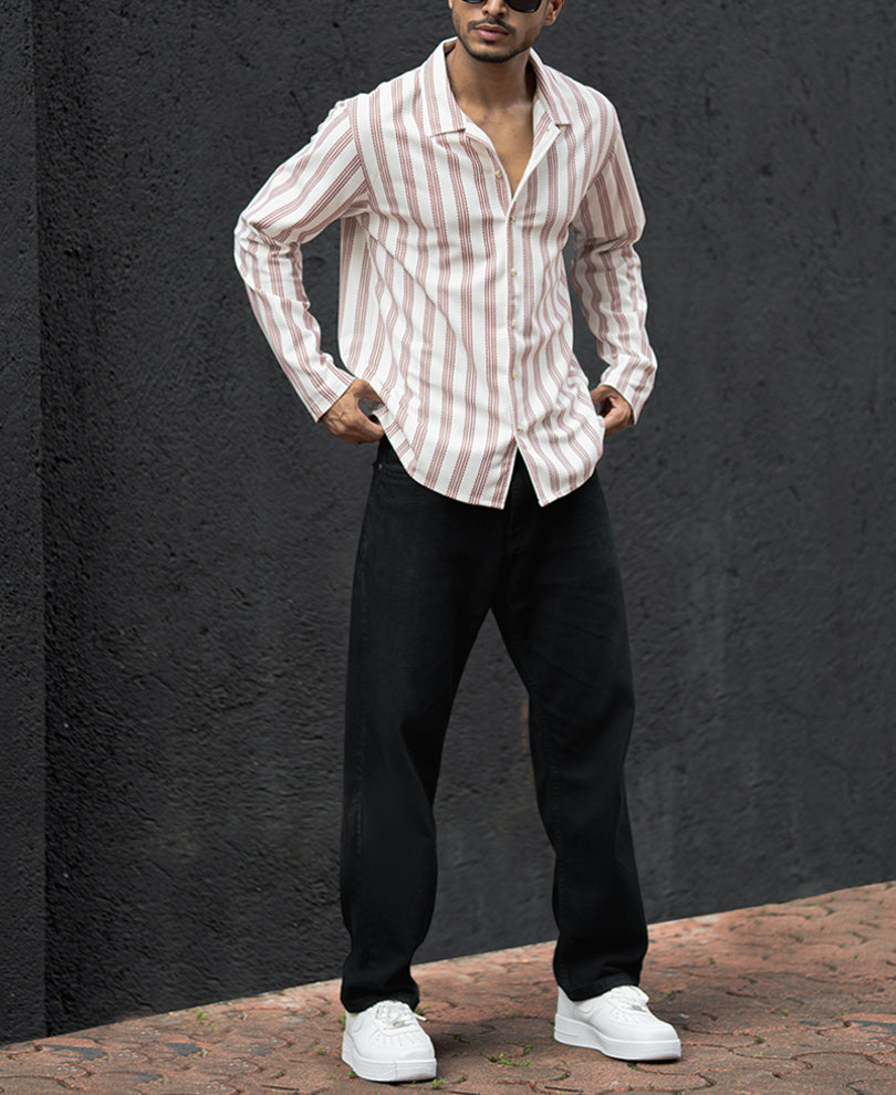 Off-White And Maroon Striped Regular Fit Full Sleeves Shirt