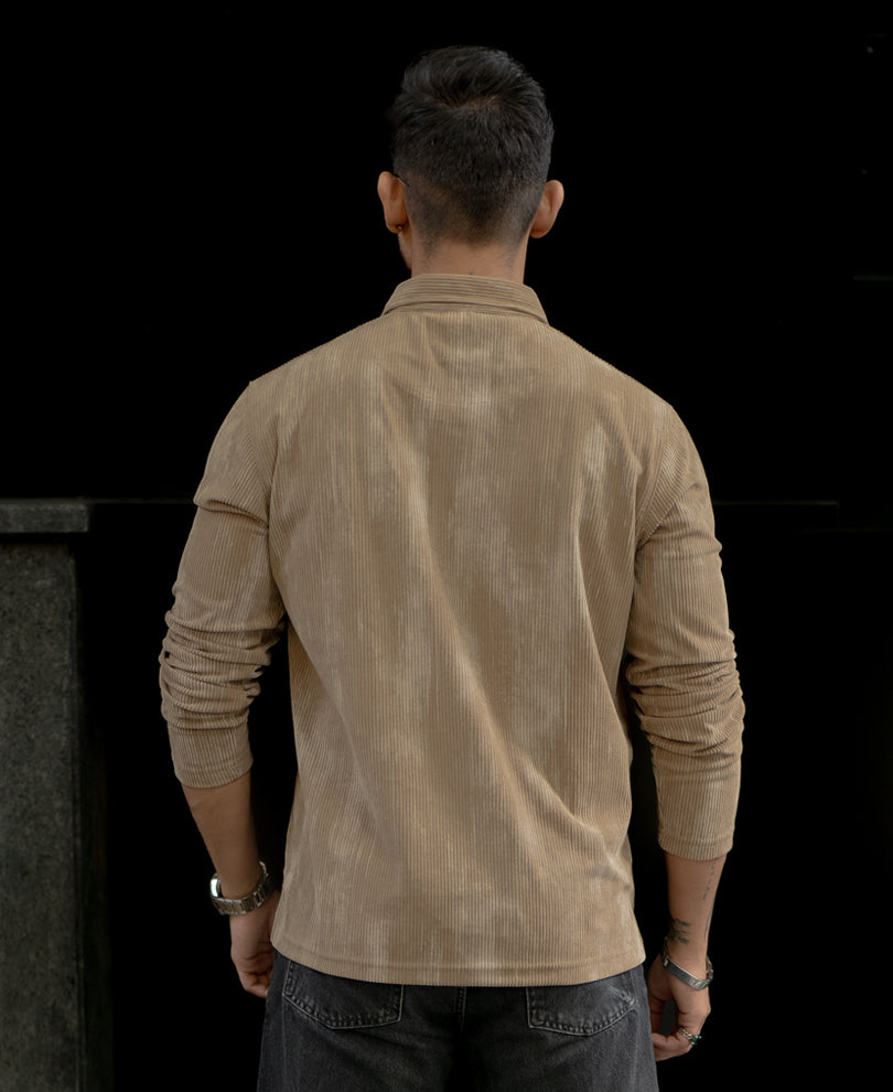 Beige Regular Fit With Zip Full Sleeves T-Shirt
