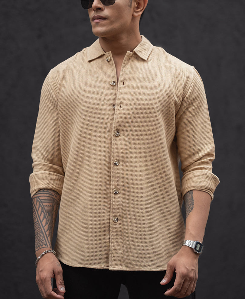 Beige Regular Fit Structured Full Sleeves Shirt