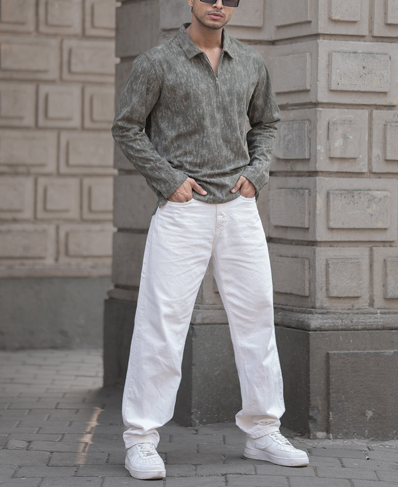 Olive Corduroy Regular Fit Full Sleeves T-Shirt