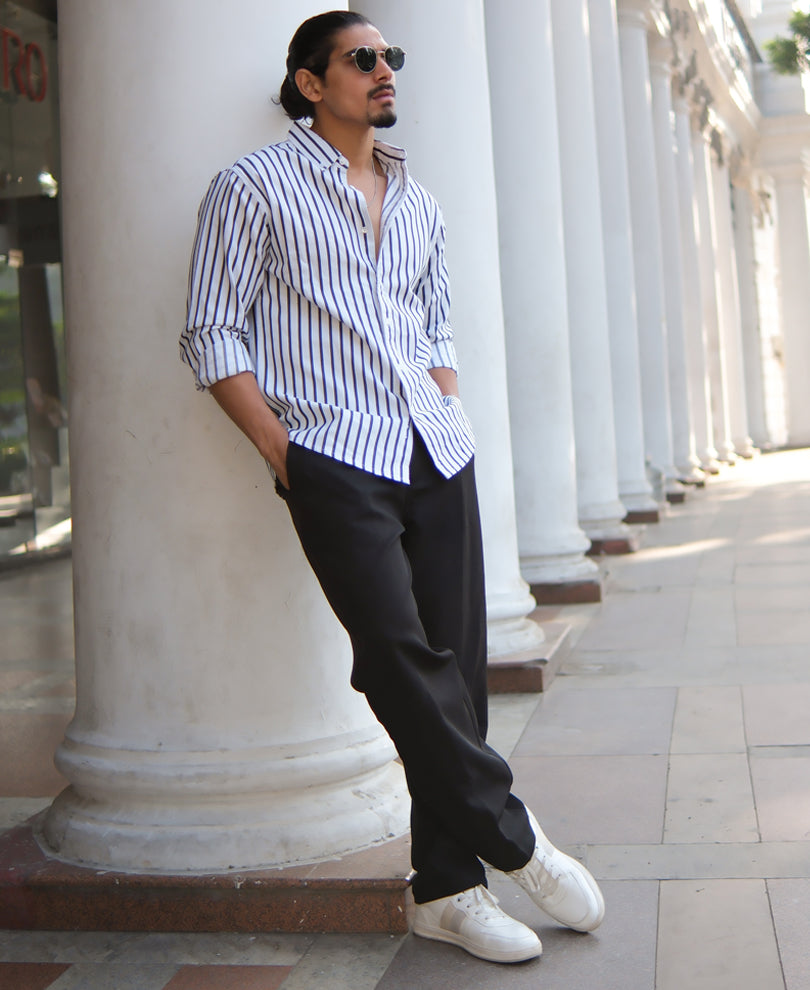 White And Black Stripes Regular Fit Full Sleeves Shirt