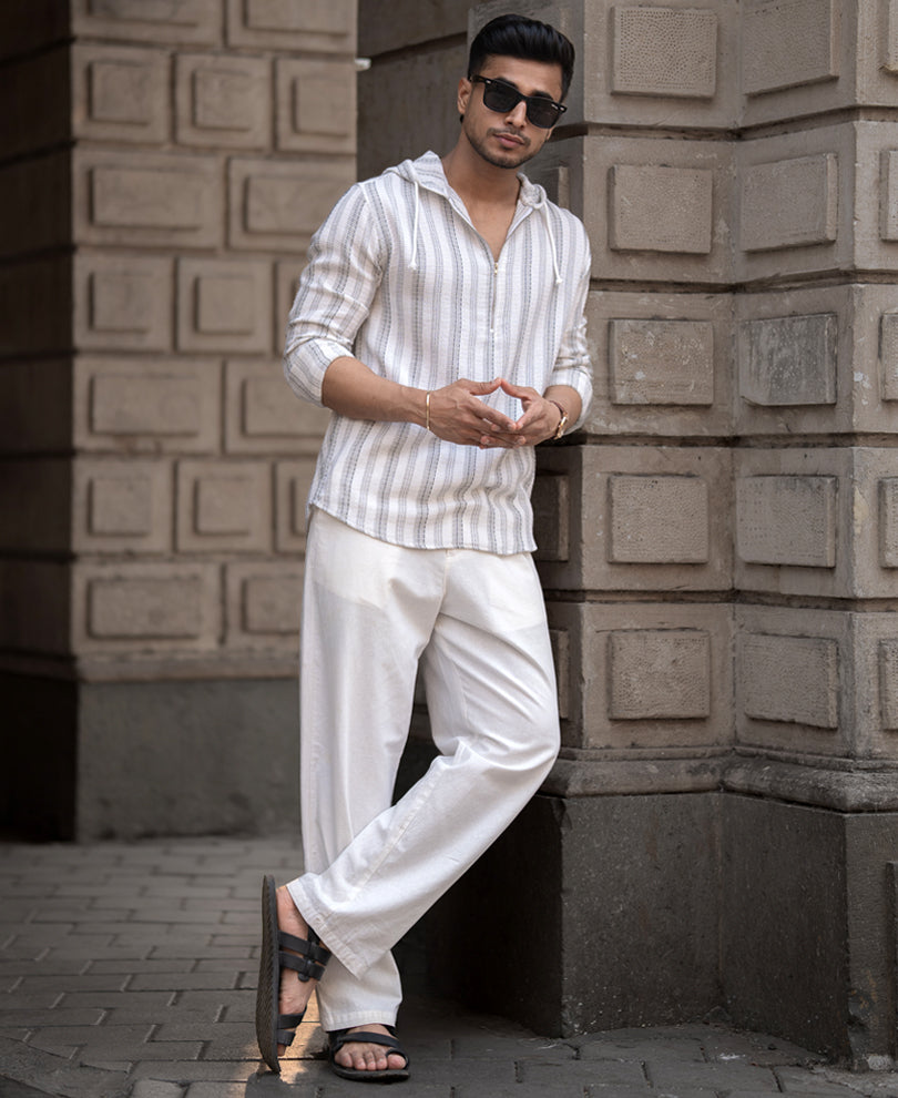 Grey Structured Stripe Hoodie Shirt