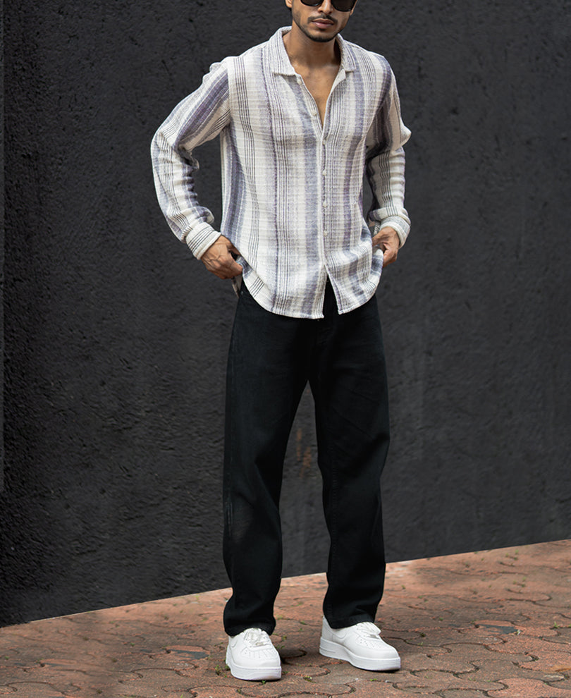 White And Grey Full Sleeves Regular Fit Shirt