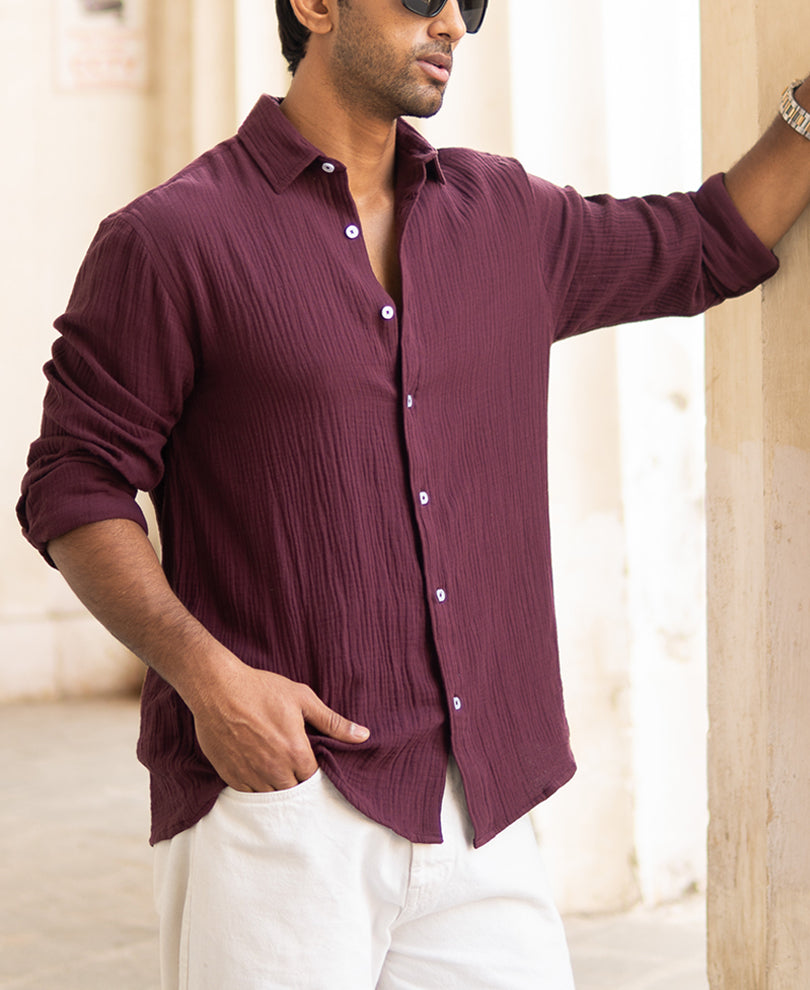 Wine Regular Fit Full Sleeves Structured Shirt