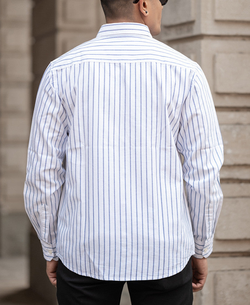 White And Blue Striped Regular Fit Shirt
