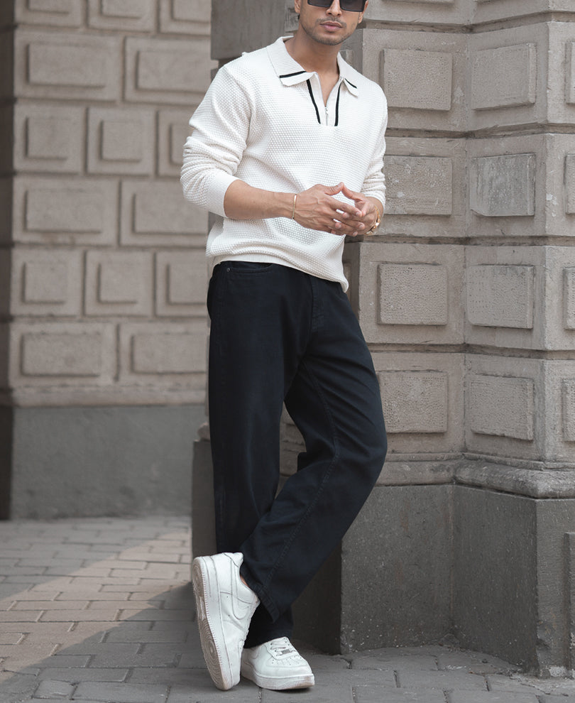 White Regular Fit Full Sleeves Collar T-Shirt
