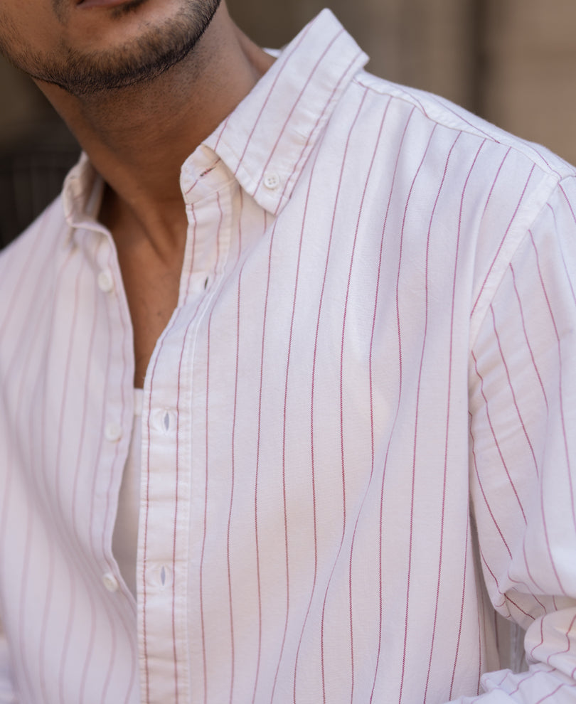 White And Maroon Striped Regular Fit Full Sleeves Shirt
