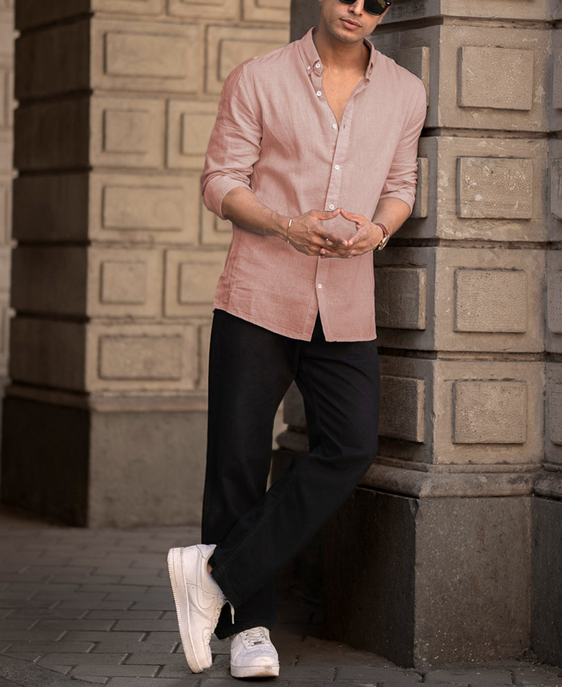 Peach Cotton Linen Regular Fit Full Sleeves Shirt