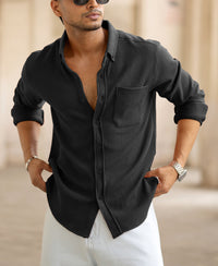 Black Textured Regular Fit Full Sleeves Shirt