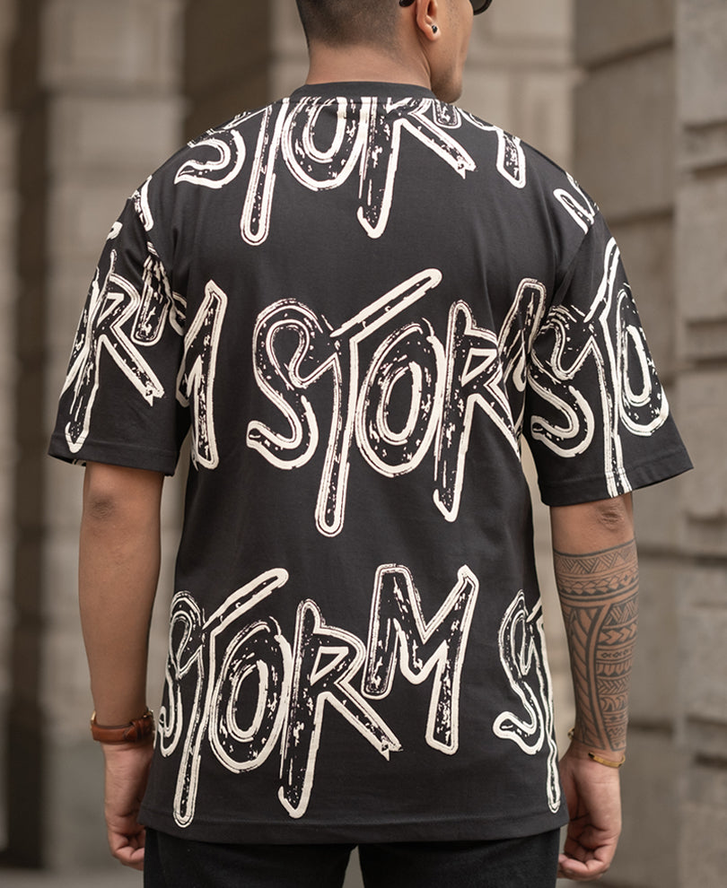 Black Storm Printed Oversized Half Sleeves T-Shirt
