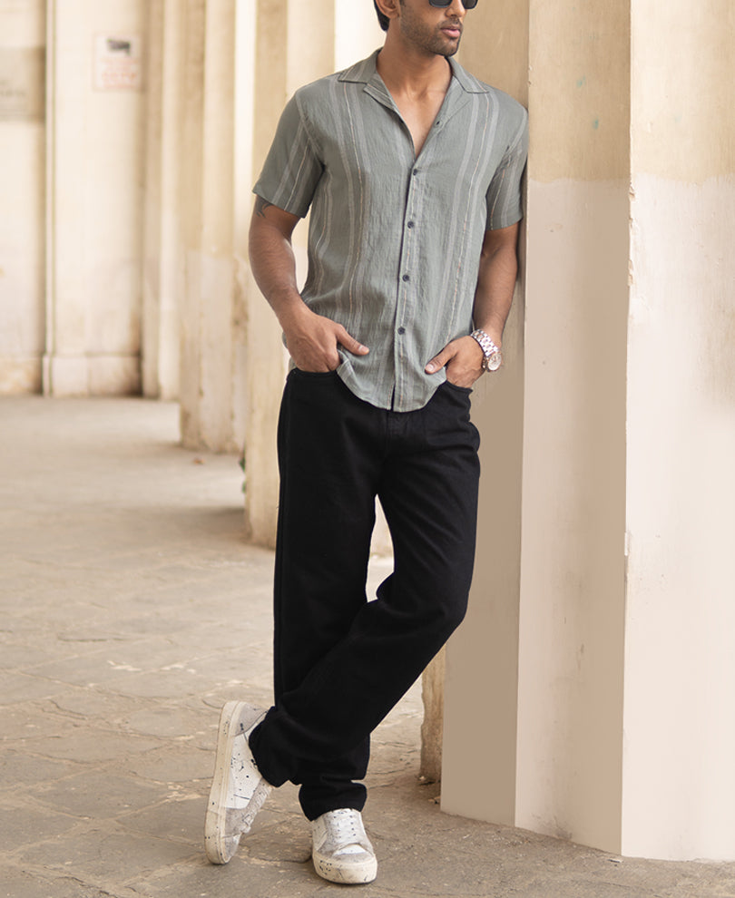 Green Micro Striped Flowy Shirt