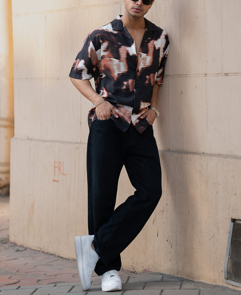 Dark Brown Cuban Printed Oversized Shirt