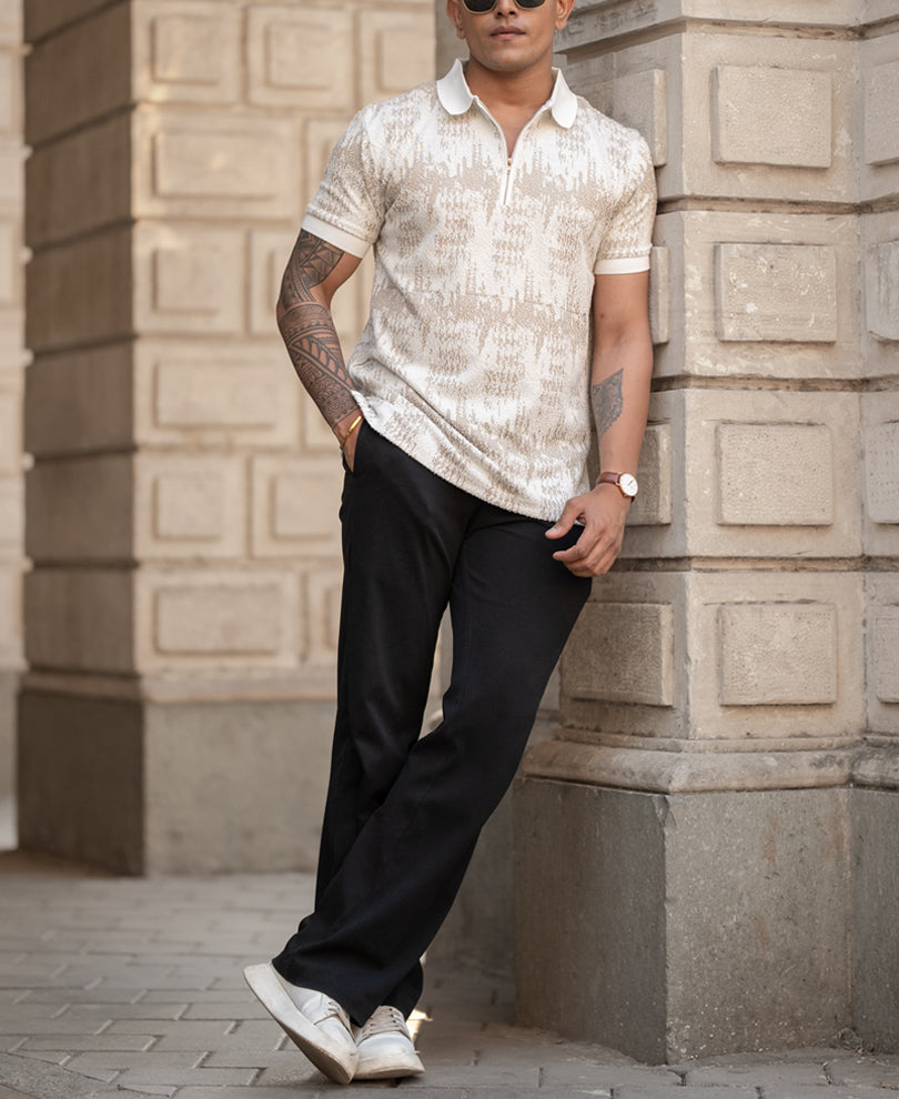 Beige Regular Fit Quarter Zip Polo T-Shirt