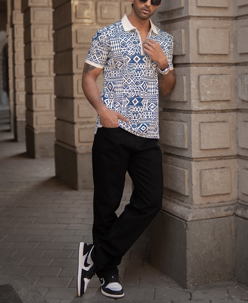 Blue Geometric Print Polo T-Shirt