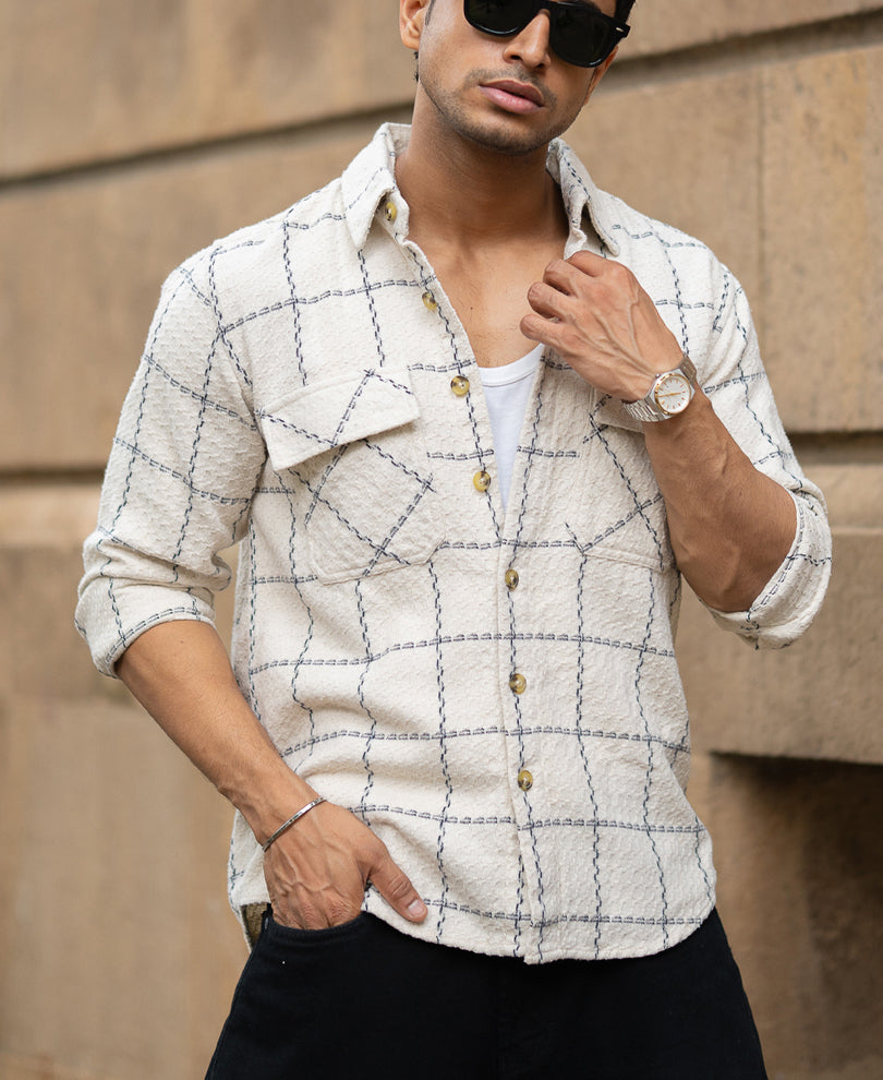Cream Structured Checks Shirt