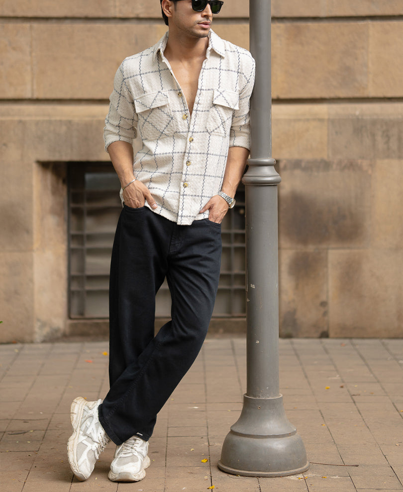 Cream Structured Checks Shirt