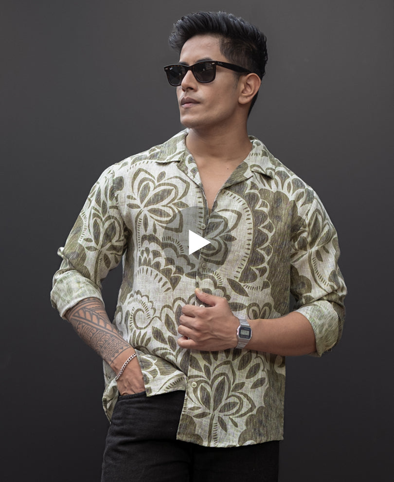 Olive Printed Regular Fit Full Sleeves Shirt