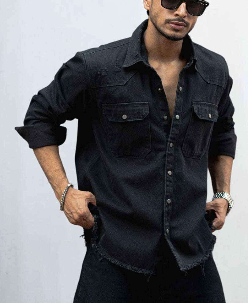 Carbon Black Regular Fit Full Sleeves Denim Shirt