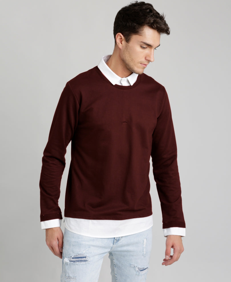 Maroon White Collar Full Sleeves T-Shirt