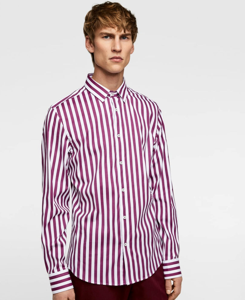 White And Maroon Vertical Stripes Shirt