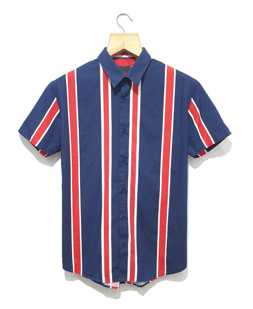 Navy Blue Multi Stripes Print Half Sleeves Shirt