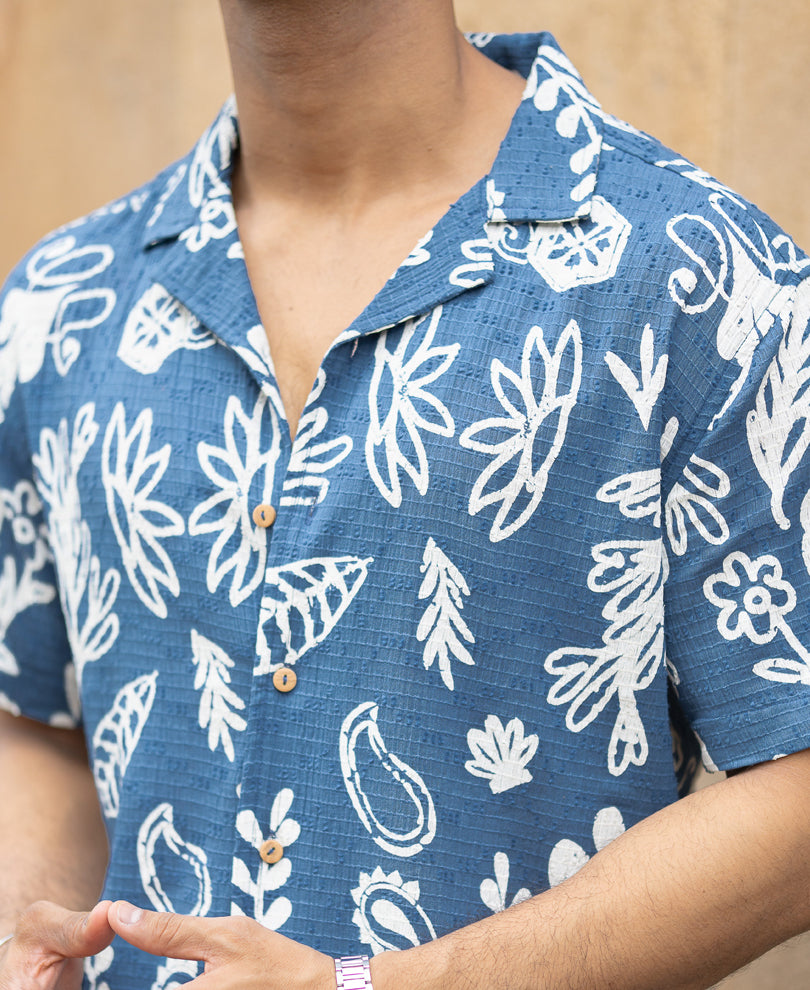 Blue Floral Print Structured Shirt