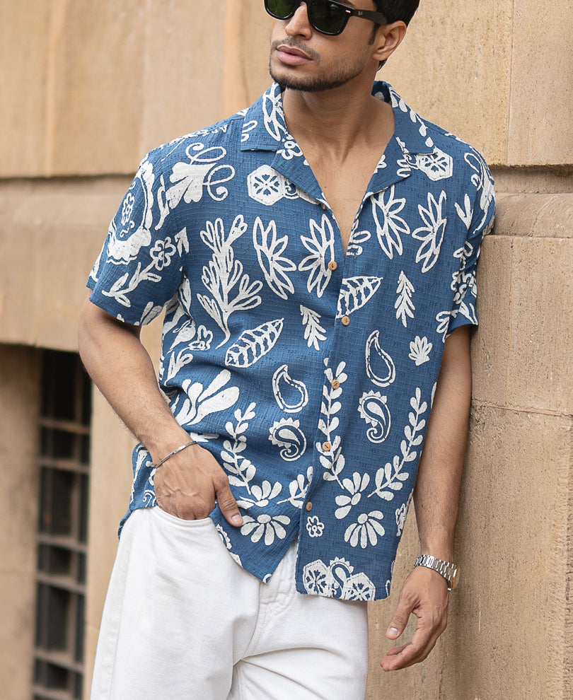 Blue Floral Print Structured Shirt