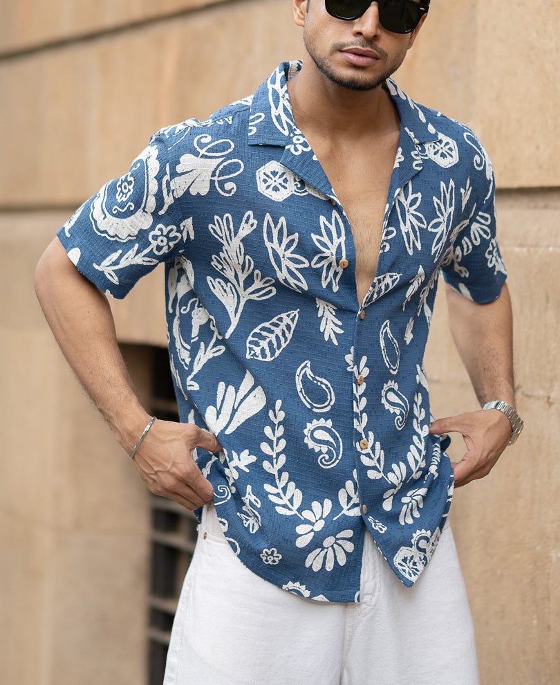 Blue Floral Print Structured Shirt