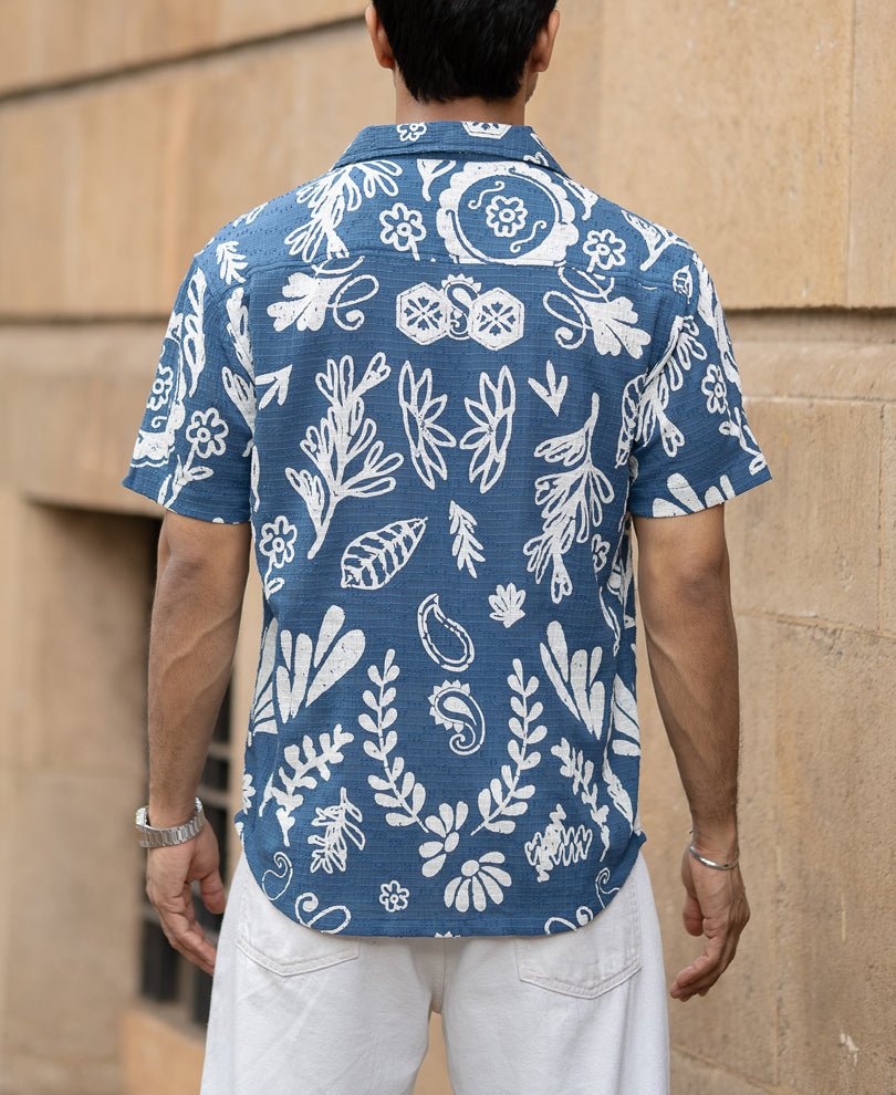 Blue Floral Print Structured Shirt
