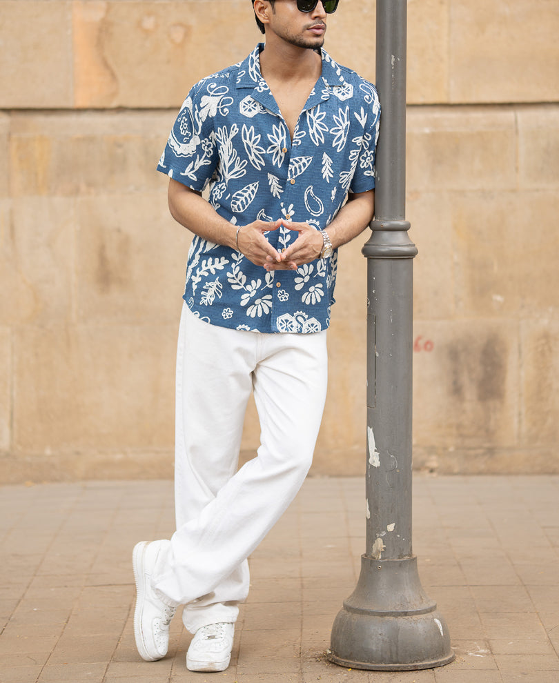 Blue Floral Print Structured Shirt